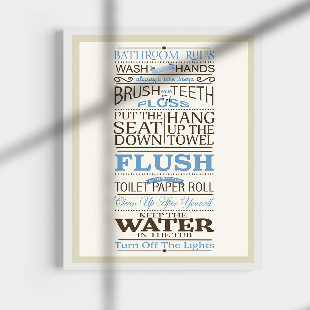 Bathroom Rules: Wash-Brush-Flush-Lights- Fun Bathroom Sign- 11 x 14" Print Wall Art-Ready to Frame. Classy Home &amp; Bathroom D?cor- Housewarming Wall Print. Perfect For Guests &amp; Kids Bathrooms.