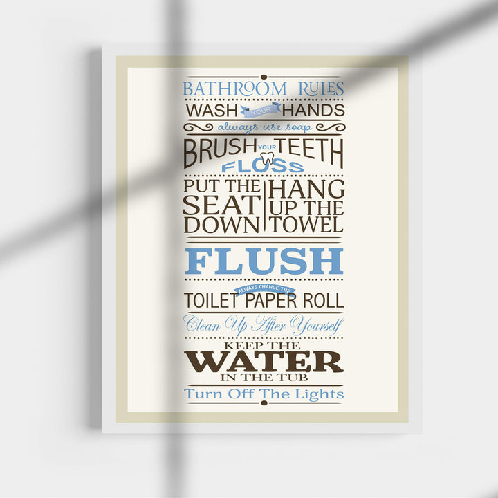 Bathroom Rules: Wash-Brush-Flush-Lights- Fun Bathroom Sign- 11 x 14" Print Wall Art-Ready to Frame. Classy Home &amp; Bathroom D?cor- Housewarming Wall Print. Perfect For Guests &amp; Kids Bathrooms.