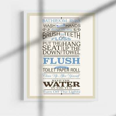 Bathroom Rules: Wash-Brush-Flush-Lights- Fun Bathroom Sign- 11 x 14" Print Wall Art-Ready to Frame. Classy Home & Bathroom D?cor- Housewarming Wall Print. Perfect For Guests & Kids Bathrooms.