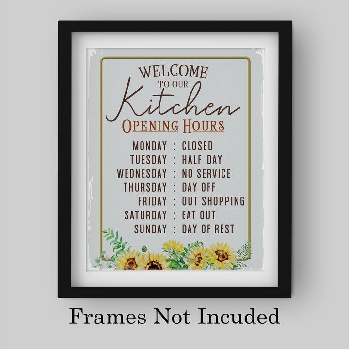 "Kitchen Opening Hours: Monday Closed" Funny Kitchen Wall Sign -11 x14" Typographic Farmhouse Wall Art Print -Ready to Frame. Perfect Home, Kitchen, &amp; Dining Decor. Fun for Family &amp; Guests!
