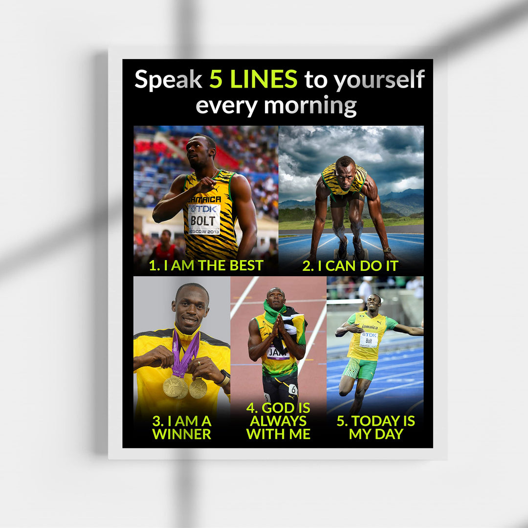 Usain Bolt Quotes-"Speak 5 Lines to Yourself Every Morning"-Motivational Wall Art-11 x 14" Inspirational Track &amp; Field Photo Print-Ready to Frame. Home-School-Gym-Locker Room Decor. Inspire Your Team!