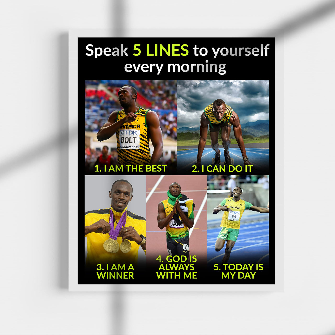 Usain Bolt Quotes-"Speak 5 Lines to Yourself Every Morning"-Motivational Wall Art-11 x 14" Inspirational Track & Field Photo Print-Ready to Frame. Home-School-Gym-Locker Room Decor. Inspire Your Team!