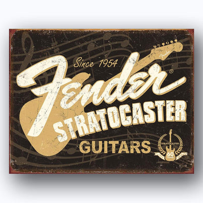 Fender Guitar- Retro Poster Prints-"Stratocaster-Built to Inspire"- Wall Art Set of Two-10 x 8's Music Wall Decor-Ready To Frame. Modern-Distressed Replica's. Home-Bar-Cave Decor. Guitar's Dream Gift.