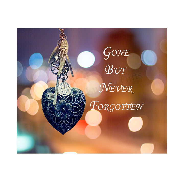 Gone But Never Forgotten-Inspirational Wall Art Decor -10 x 8" Memorial Poster Print w/Heart, Key, and Angel Wing Images-Ready to Frame. Loving, Sentimental Keepsake for Family and Friends.