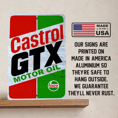 Vintage CastroI GTX Motor Oil Metal Signs Wall Art -8 x 12" Rustic Garage Sign for Bar, Man Cave, Shop - Retro Tin Sign -Gift for Home, Lodge, Cabin, Farmhouse, Outdoor Decor & Mechanic Accessories!