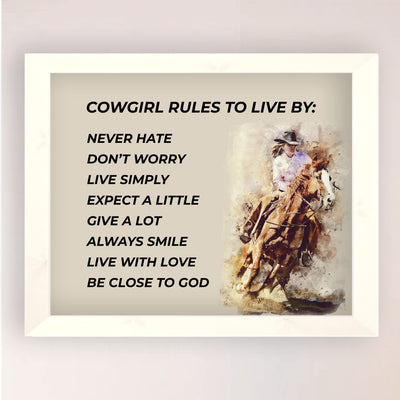 Cowgirl Rules-Never Hate-Live Simply- Western Wall Art Sign- 10 x 8"- Woman Riding Horse Photo Print -Ready to Frame. Country Rustic Decor for Home-Lodge-Camp-Cabin. Great Gift for All Cowgirls!