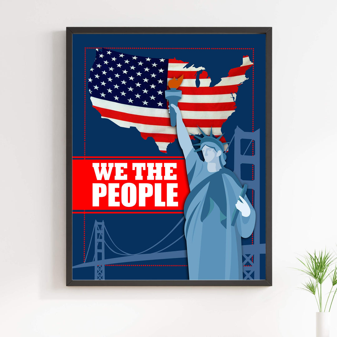 We the People-Patriotic Wall Art Sign-11 x 14" Statue of Liberty Poster Print w/American Flag Design-Ready to Frame. Home-Office-Library-School-Dorm-Cave Decor. Display Your American Pride!
