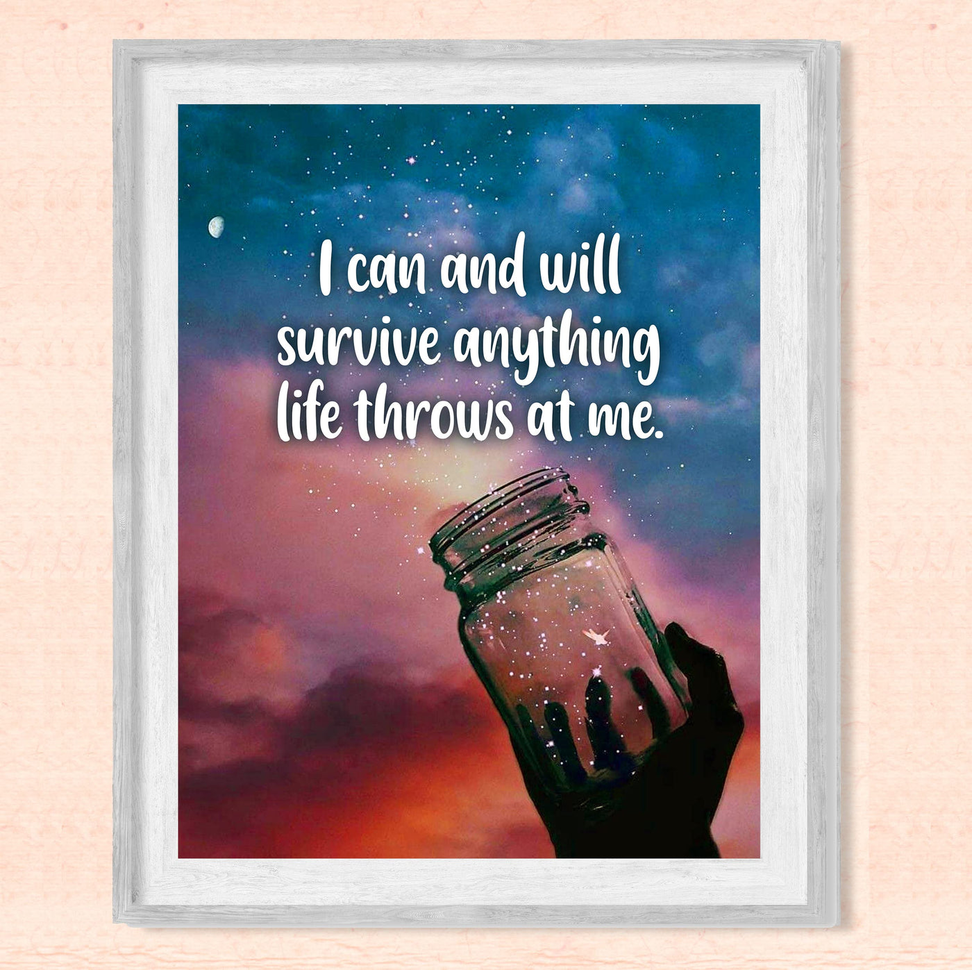 I Will Survive Anything Life Throws At Me-Motivational Quotes Wall Art -8 x 10" Starry Night in Jar Picture Print -Ready to Frame. Inspirational Decor for Home-Office-Classroom. Inspiring Reminder!