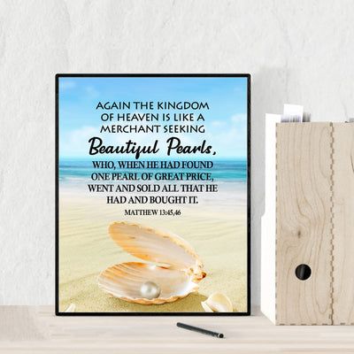 Kingdom of Heaven-Like Seeking Beautiful Pearls-Bible Verse Wall Art-8 x 10"-Christian Beach Print w/Clam Shell Image-Ready to Frame. Scripture Print for Home-Office-Church Decor! Matthew 13:45-46.