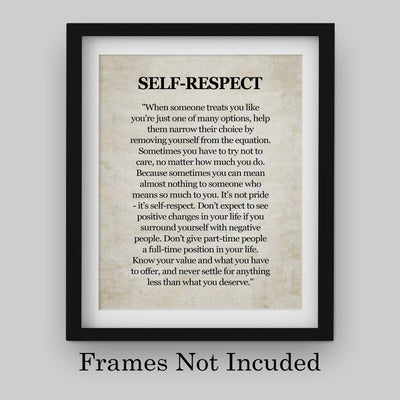 Self-Respect-Know Your Value Inspirational Quotes Wall Art Sign -8 x 10" Distressed Poster Print-Ready to Frame. Motivational Home-Office-School-Dorm Decor. Great Reminder to Inspire Self-Worth!