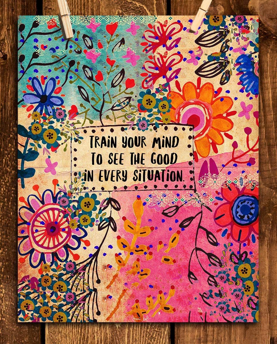 Train Your Mind To See The Good- 8 x 10"Inspirational Wall Print Sign on Floral Hippie Pattern- Ready to Frame. Retro Motivational Wall Art. Home-Office D?cor. Great for Students-Classroom-Dorm.