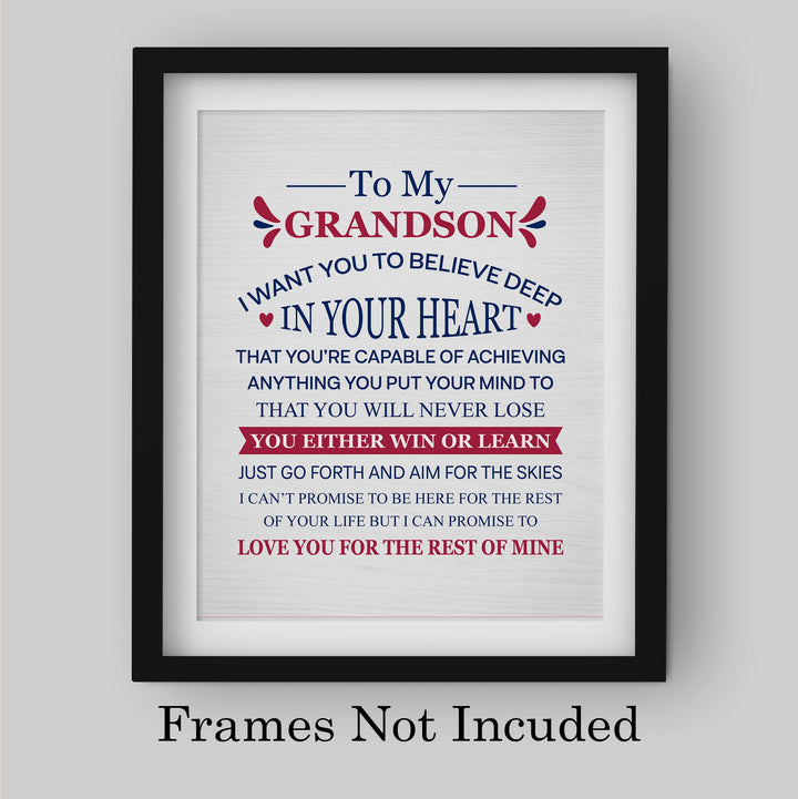 "To My Grandson - Win or Learn" Inspirational Love &amp; Family Wall Decor -8 x 10" Rustic Typographic Art Print -Ready to Frame. Home-Living Room-Office Decoration. Perfect Gift for Grandsons!
