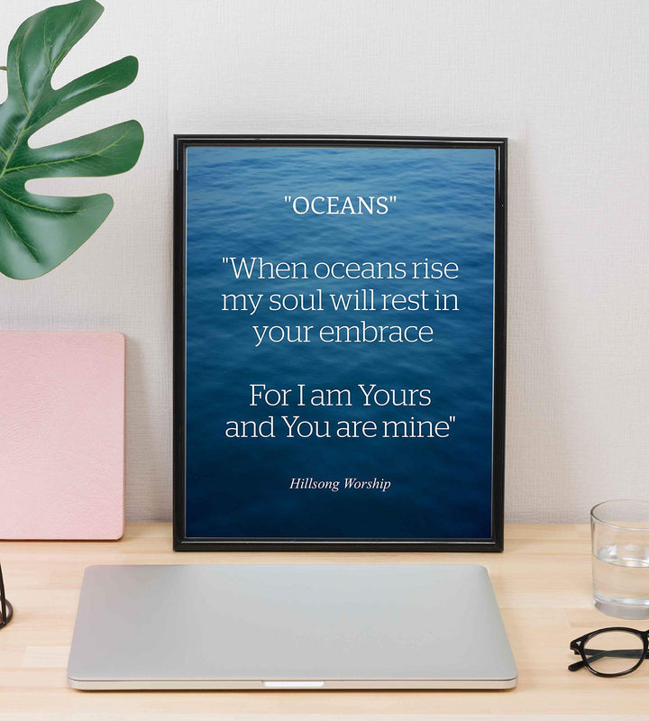 Hillsong Worship-"When Oceans Rise? Song Lyric Wall Art-8 x 10" Typographic Music Print w/Ocean Water Design-Ready to Frame. Inspirational Home-Office-Church Decor. Great Christian Gift of Praise!