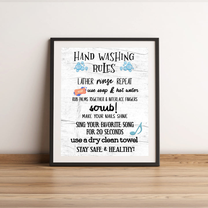 Hand Washing Rules-Lather, Rinse, Repeat- Fun Bathroom Wall Sign- 11x14" Rustic Art Print -Ready to Frame. Funny Home &amp; Bathroom Decor- Housewarming Wall Print. Perfect For Guests &amp; Kids Bathrooms.