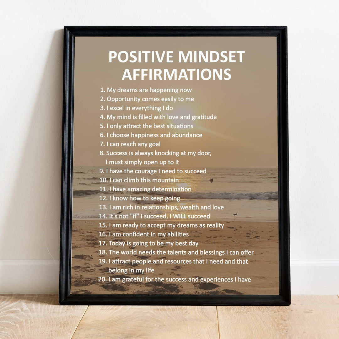 Positive Mindset Affirmations- Motivational Quotes Wall Art -11 x 14" Inspirational Beach Sunset Print Wall Decor -Ready to Frame. Wall Print for Home-Office-Ocean Themed-Zen-Meditation Decor.