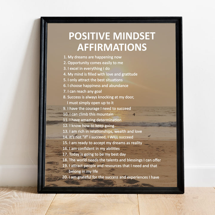 Positive Mindset Affirmations- Motivational Quotes Wall Art -11 x 14" Inspirational Beach Sunset Print Wall Decor -Ready to Frame. Wall Print for Home-Office-Ocean Themed-Zen-Meditation Decor.