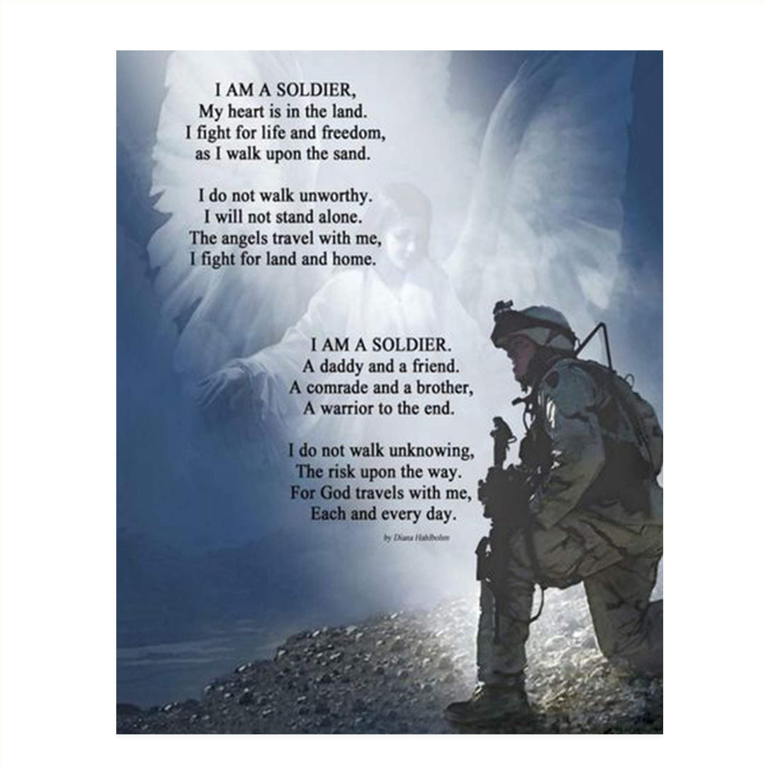 I Am a Soldier- Prayer Wall Art Print-8 x 10"-Ready to Frame. Soldier Kneeling w/Angels Protection. Home- Office D?cor- Christian Gifts. Inspiring &amp; Encouraging Quotes for All Military &amp; Family.