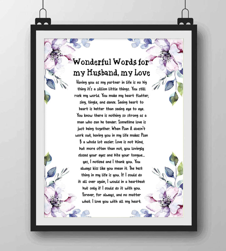Wonderful Words for My Husband, My Love- Romantic Poem Wall Art Print- 8 x 10" Floral Typographic Print-Ready to Frame. Perfect for Spouses, Newlyweds, &amp; BFF&