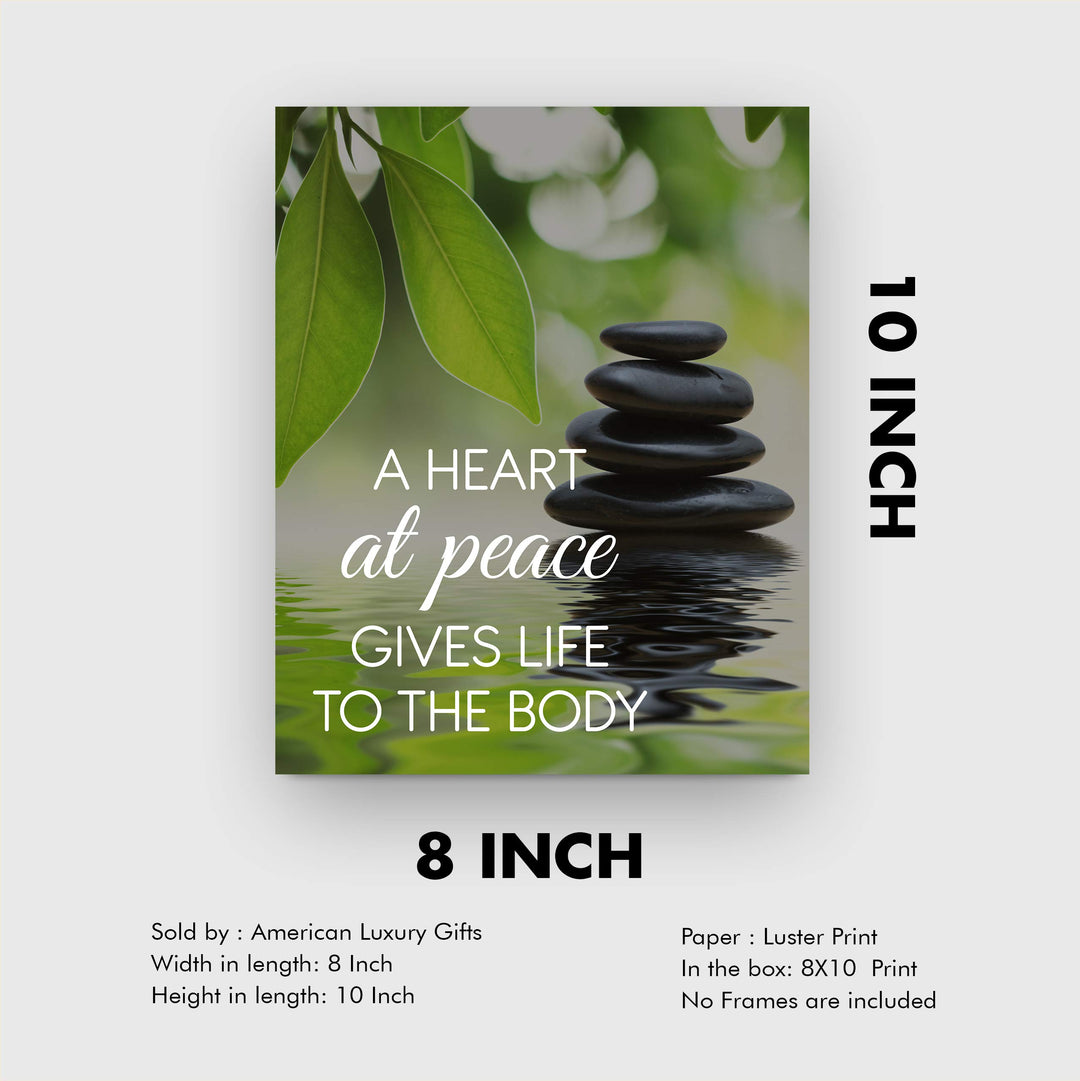 A Heart at Peace Gives Life to the Body Spiritual Quotes Wall Art-8 x 10" Peaceful Waters Photo Print-Ready to Frame. Modern Typographic Design. Home-Office-Yoga Studio-Dorm Decor! Great Zen Gift!
