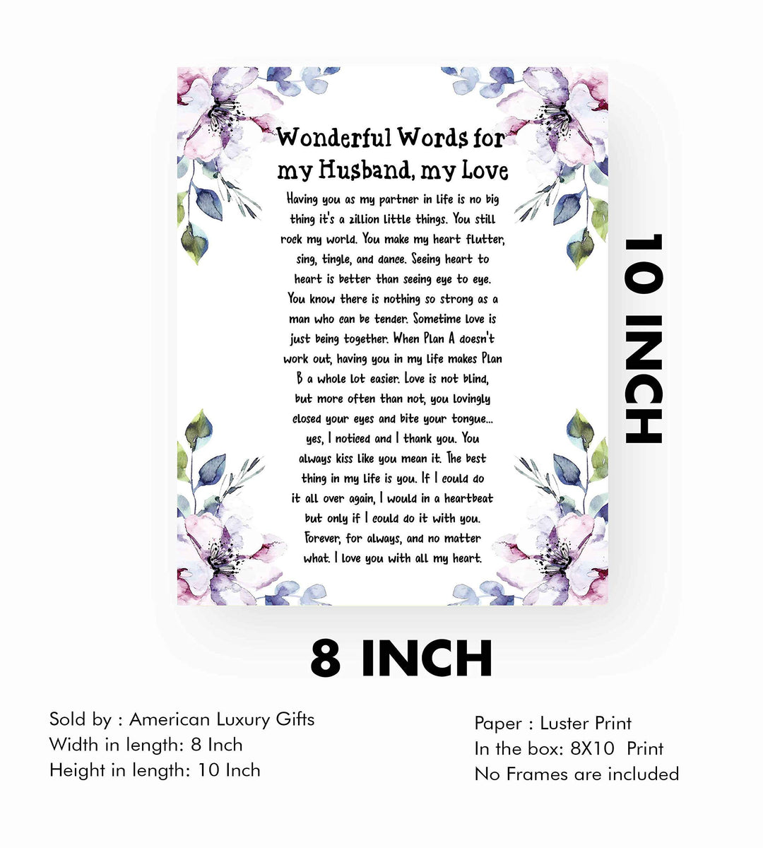 Wonderful Words for My Husband, My Love- Romantic Poem Wall Art Print- 8 x 10" Floral Typographic Print-Ready to Frame. Perfect for Spouses, Newlyweds, &amp; BFF&