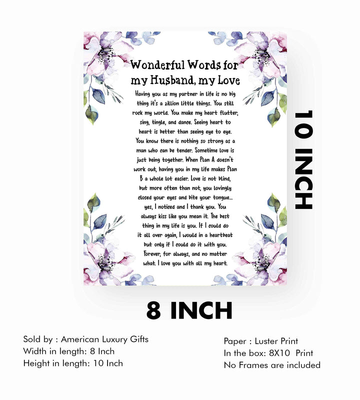 Wonderful Words for My Husband, My Love- Romantic Poem Wall Art Print- 8 x 10" Floral Typographic Print-Ready to Frame. Perfect for Spouses, Newlyweds, &amp; BFF&