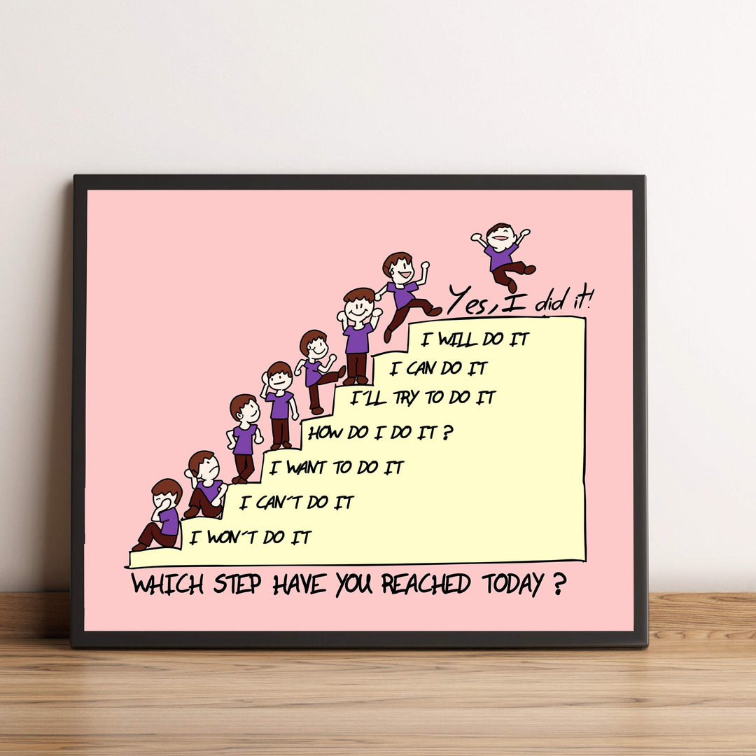 Which Step Have You Reached Today Motivational Classroom Wall Decor -10 x 8" Typographic Cartoon Art Print-Ready to Frame. Inspirational Home-Office-Desk-School Decor. Great Gift for All Teachers!