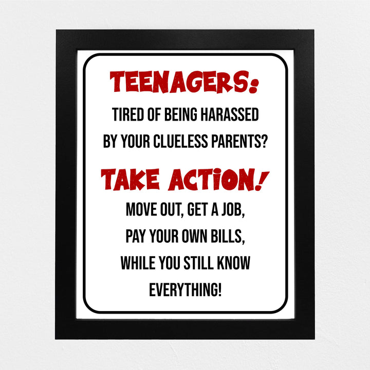 "Teenagers-Take Action, Get a Job" Funny Family Wall Sign -Sarcastic Art Print -Ready to Frame. Humorous Decoration for Home-Kids Bedroom-Teen Decor. Fun Gift -Accessories for Parents!