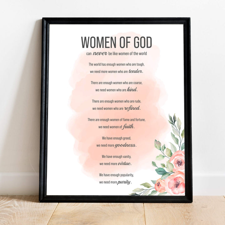 Women of God Inspirational Wall Art Sign -11 x 14" Modern Typographic Poster Print-Ready to Frame. Elegant Floral Design. Religious Home-Office-Church Decor. Perfect Christian Gift-Her Best Traits!