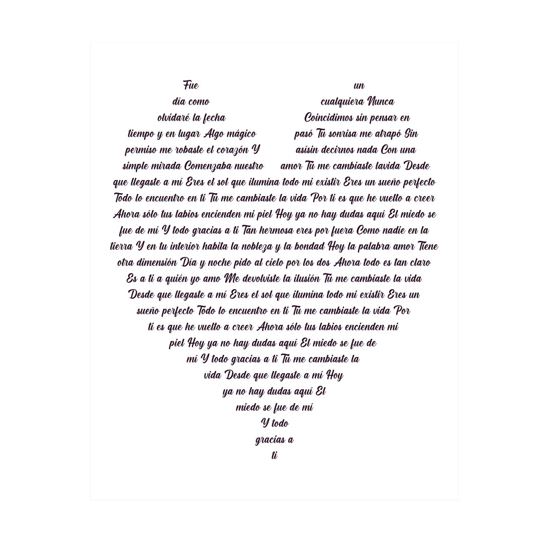 "Tu Me Cambiaste La Vida" Spanish Love Song Wall Art -11 x 14" Romantic Music Lyrics Wall Print -Ready to Frame. Loving Home-Bedroom-Studio Decor. Cute Gift for Couples &amp; Valentines!