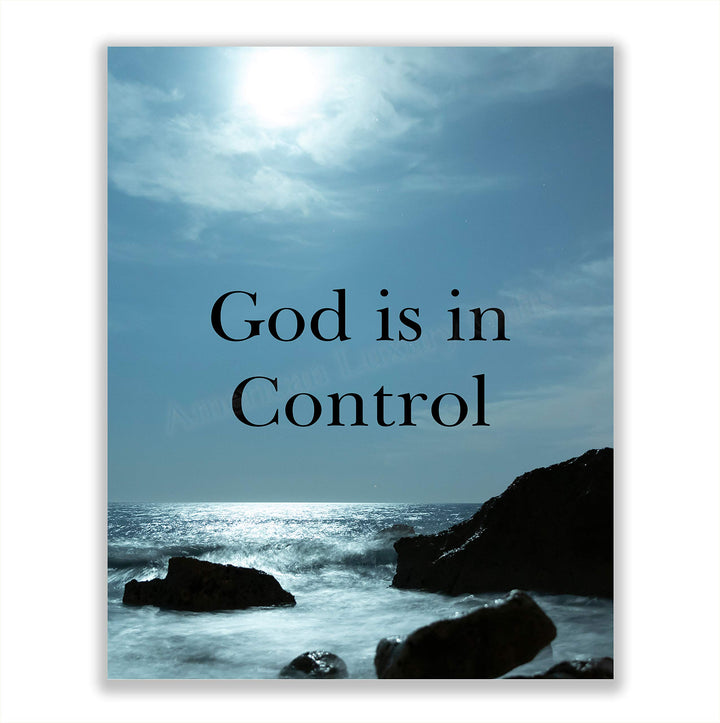 God Is In Control?-Inspirational Christian Wall Art-8 x 10 Typographic Print with Ocean Photo-Ready to Frame. Religious Decor for Home-Office-Church. Great Spiritual Gift &amp; Reminder to Have Faith!