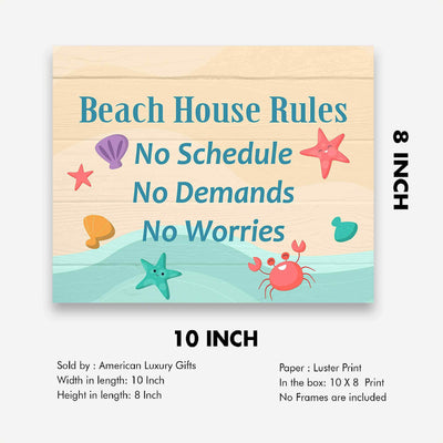 Beach House Rules-No Schedules, Demands, Worries Fun, Rustic Vacation Sign -10 x 8" Typographic Wall Print w/Replica Wood Design-Ready to Frame. Home-Cabin-Beach-Nautical Decor. Printed on Paper.