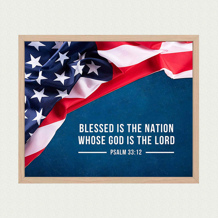 Psalm 33:12-"Blessed Is the Nation Whose God Is the Lord"-Bible Verse Wall Art -10 x 8" American Flag Scripture Print-Ready to Frame. Inspirational Home-Office-Church-Christian-Patriotic Decor.