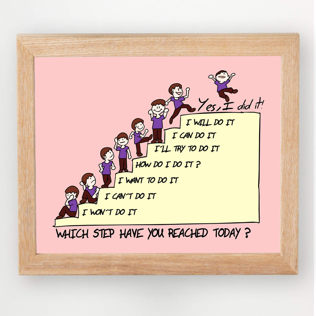 Which Step Have You Reached Today Motivational Classroom Wall Decor -10 x 8" Typographic Cartoon Art Print-Ready to Frame. Inspirational Home-Office-Desk-School Decor. Great Gift for All Teachers!