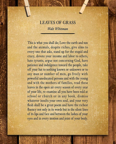 Leaves Of Grass- Walt Whitman Poem Page Print- 8 x 10" Poetic Wall Art. Distressed Parchment Print-Ready To Frame. Retro Home-Office-Study-School-Library Decor. Great Art Gift for Poetry Fans.