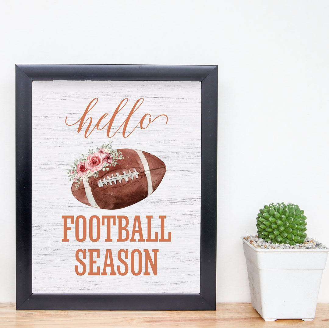 Hello Football Season- Country Rustic Fall Sports Sign- 8 x 10" Floral Wall Print- Ready to Frame. Distressed Wood Sign Replica Print. Wall Decor Perfect for Home-Office-Bar-Tailgating-Fans!