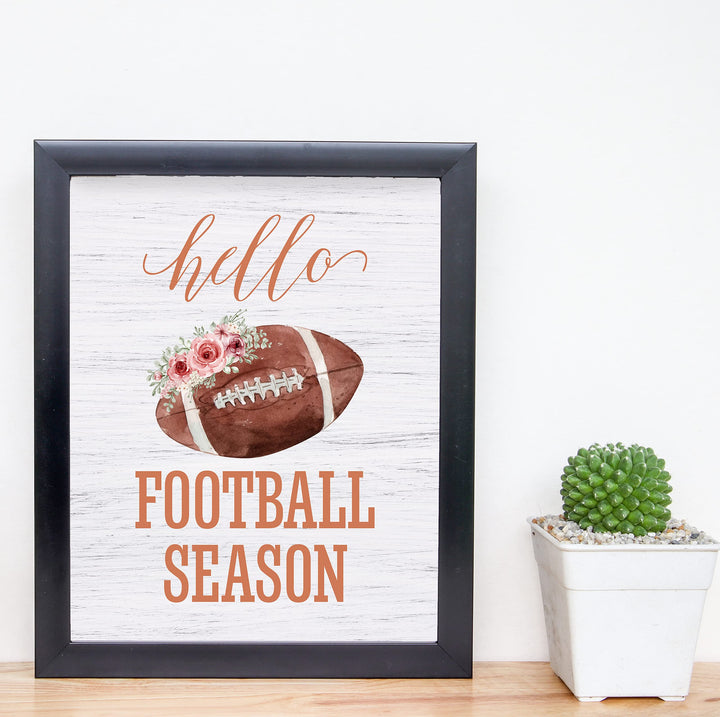 Hello Football Season- Country Rustic Fall Sports Sign- 8 x 10" Floral Wall Print- Ready to Frame. Distressed Wood Sign Replica Print. Wall Decor Perfect for Home-Office-Bar-Tailgating-Fans!