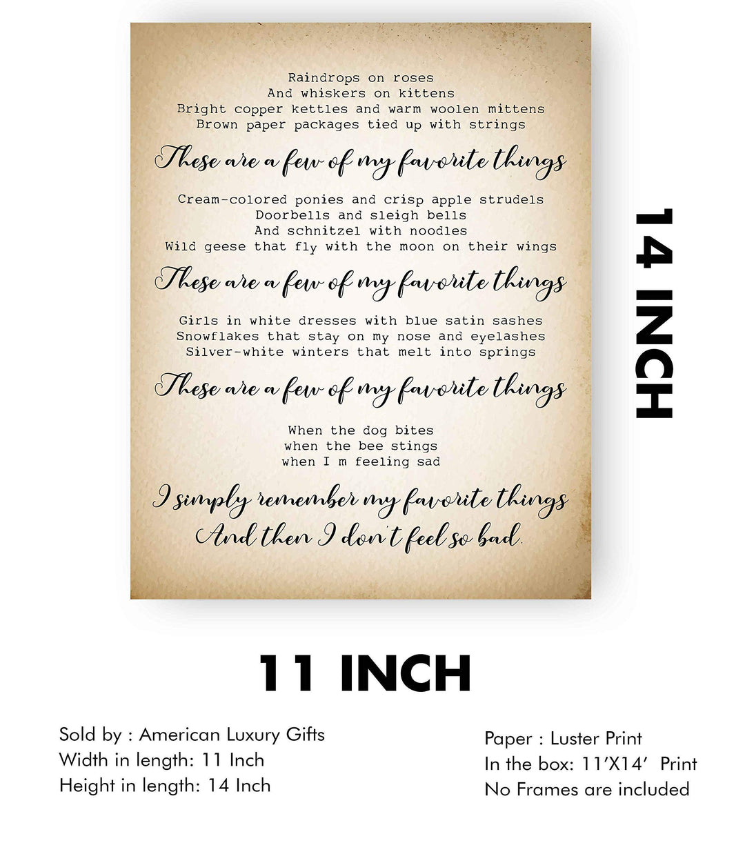 These Are a Few of My Favorite Things-Song Lyric Wall Art Sign-11 x 14" Typographic Musical Poster Print-Ready to Frame. Ideal for Home-Office-Studio-School. Perfect Nursery-Kids Bedroom Decor!