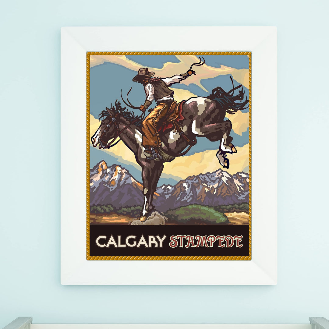 "Calgary Stampede" Cowboy Riding Horse Wall Art Sign -8 x 10" Country Rustic Rodeo Poster Print -Ready to Frame. Home-Office-Farmhouse Decor. Perfect Gift for All Cowboys &amp; Cowgirls!