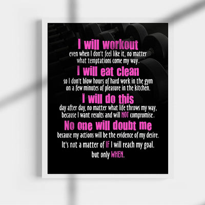 "I Will Workout & Eat Clean" Motivational Quotes Exercise Wall Sign-11 x 14"