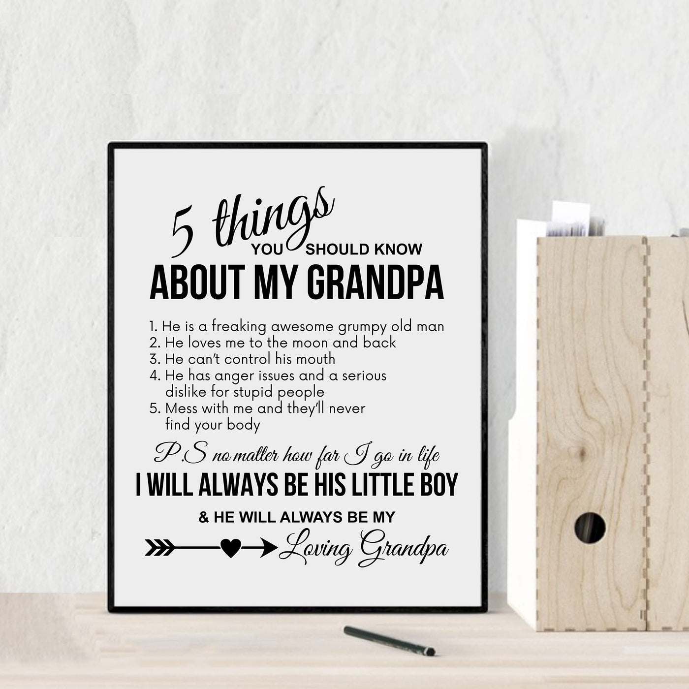 5 Things to Know About My Grandpa Funny Family Wall Decor Sign -8 x 10" Rustic Inspirational Farmhouse Print -Ready to Frame. Home-Boys Bedroom-Family Room Decor. Great Papa Gift for All Grandsons!