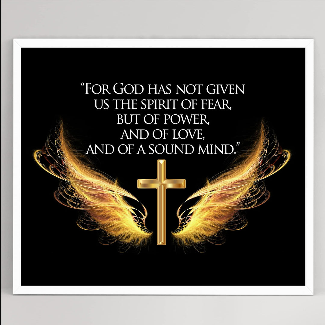 For God Has Given Us A Spirit of Power- 2 Timothy 1:7- Bible Verse Wall Art- 10 x 8" Scripture Wall Print w/Cross &amp; Angel Wings-Ready to Frame. Home-Office-Church Decor. Great Christian Gift!