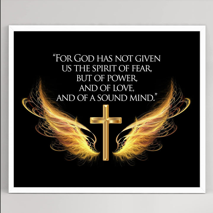 For God Has Given Us A Spirit of Power- 2 Timothy 1:7- Bible Verse Wall Art- 10 x 8" Scripture Wall Print w/Cross &amp; Angel Wings-Ready to Frame. Home-Office-Church Decor. Great Christian Gift!