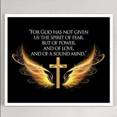 For God Has Given Us A Spirit of Power- 2 Timothy 1:7- Bible Verse Wall Art- 10 x 8" Scripture Wall Print w/Cross & Angel Wings-Ready to Frame. Home-Office-Church Decor. Great Christian Gift!