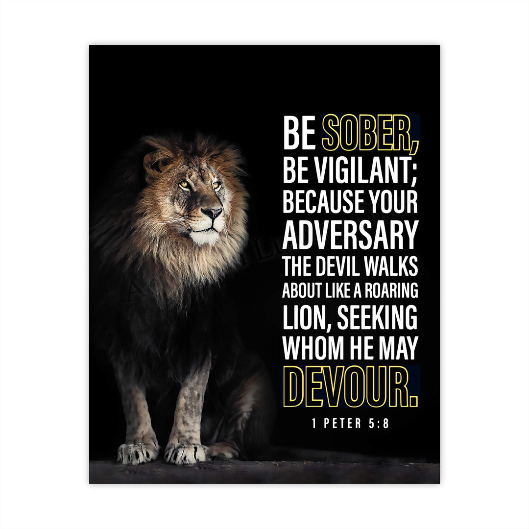 Be Sober-Be Vigilant- 1 Peter 5:8- Bible Verse Wall Art- 8x10"- Modern Scripture Wall Art Print w/Lion Image- Ready to Frame. Motivational Home-Office-Church Decor. Great Christian Gift &amp; Reminder!