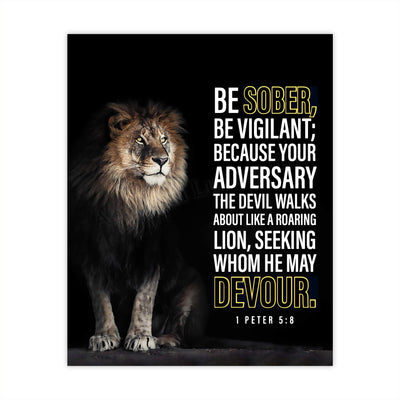 Be Sober-Be Vigilant- 1 Peter 5:8- Bible Verse Wall Art- 8x10"- Modern Scripture Wall Art Print w/Lion Image- Ready to Frame. Motivational Home-Office-Church Decor. Great Christian Gift & Reminder!