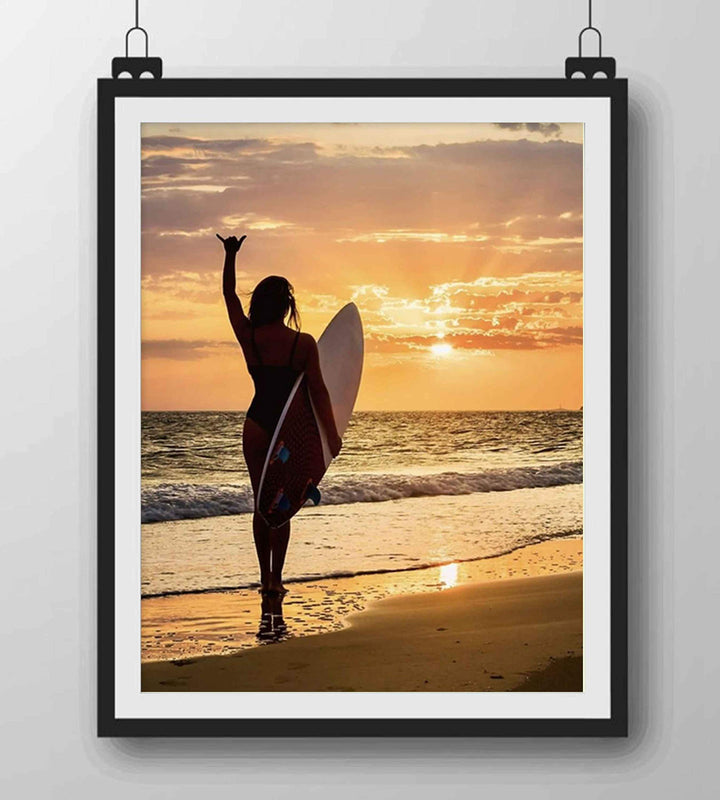Mahala Surfer Girl-"Hang Loose"-Beach Sunset Image-8 x 10" Wall Art Print-Ready to Frame. Modern Home-Office-Studio-Beach House D?cor. Perfect Wall Print for Beach, Ocean and Surfing Themes!