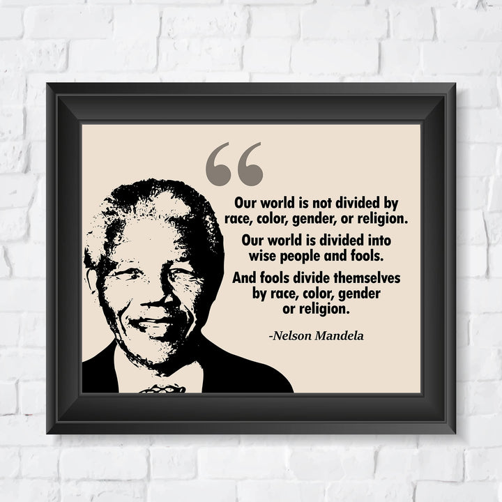 Nelson Mandela Quotes Wall Art-"Our World Is Divided Into Wise People &amp; Fools"-10 x 8" Inspirational Silhouette Print-Ready to Frame. Modern Home, Office, Studio Decor. Perfect Motivational Gift!