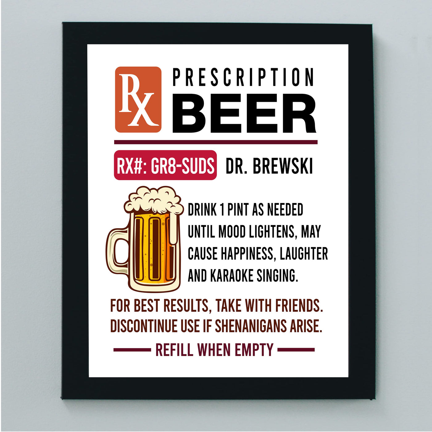 Prescription Beer -Dr. Brewski Funny Beer & Alcohol Wall Sign -8 x 10" Rustic Bar Wall Art Print -Ready to Frame. Retro Home-Patio-Garage-Shop-Pub Decor. Fun Man Cave Decoration for Drinkers!