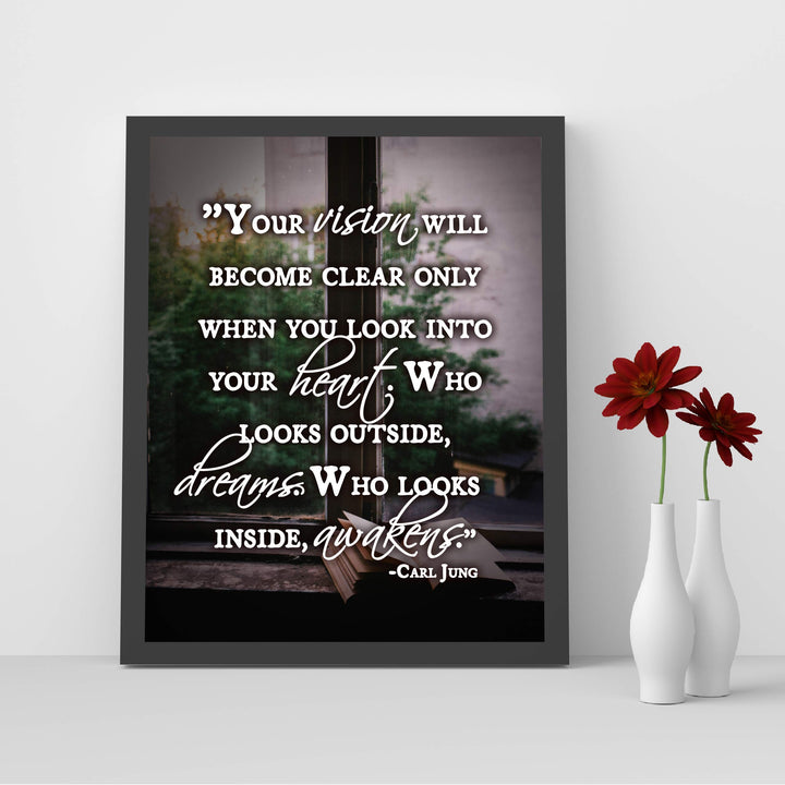 Carl Jung Quotes Wall Art-"Who Looks Outside Dreams-Who Looks Inside Awakens"- 8 x 10"-Typographic Photo Print-Ready to Frame. Home-Office-Classroom Decor. Great Philosophical &amp; Inspirational Sign!