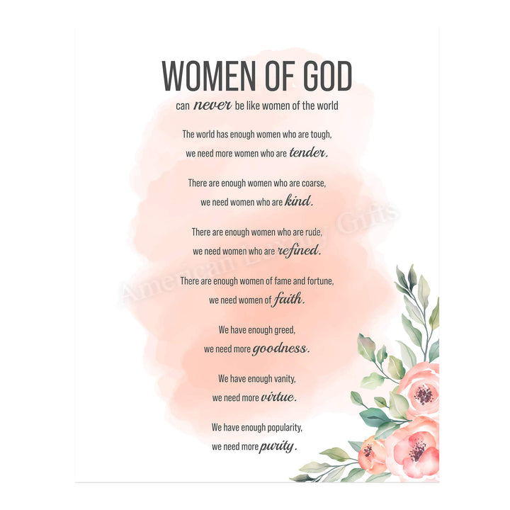 Women of God Inspirational Wall Art Sign -11 x 14" Modern Typographic Poster Print-Ready to Frame. Elegant Floral Design. Religious Home-Office-Church Decor. Perfect Christian Gift-Her Best Traits!